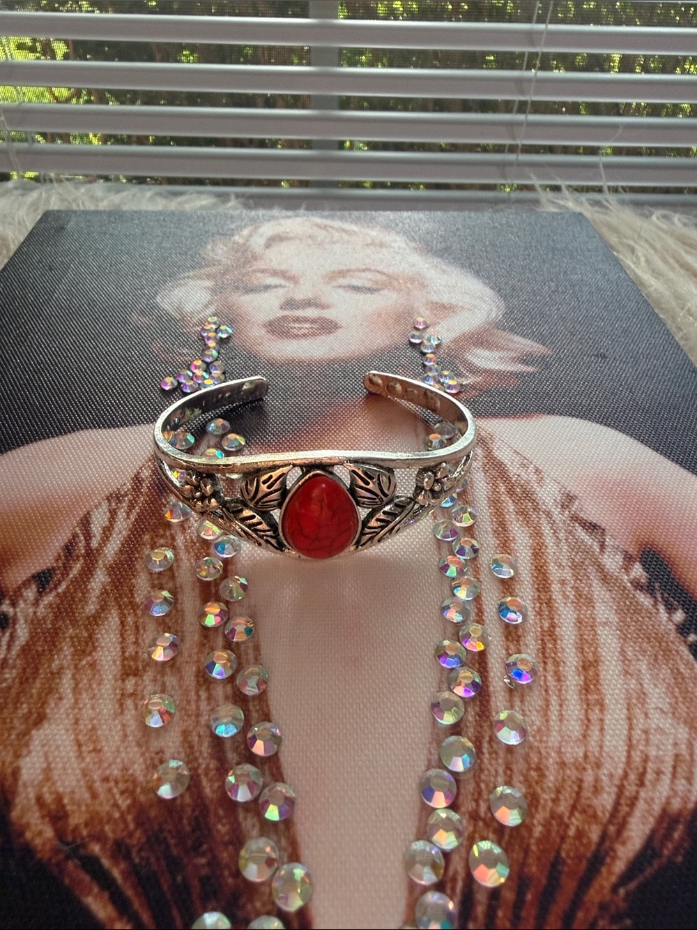 Silver Leaf Red Stone Cuff Bracelet - Women Jewelry